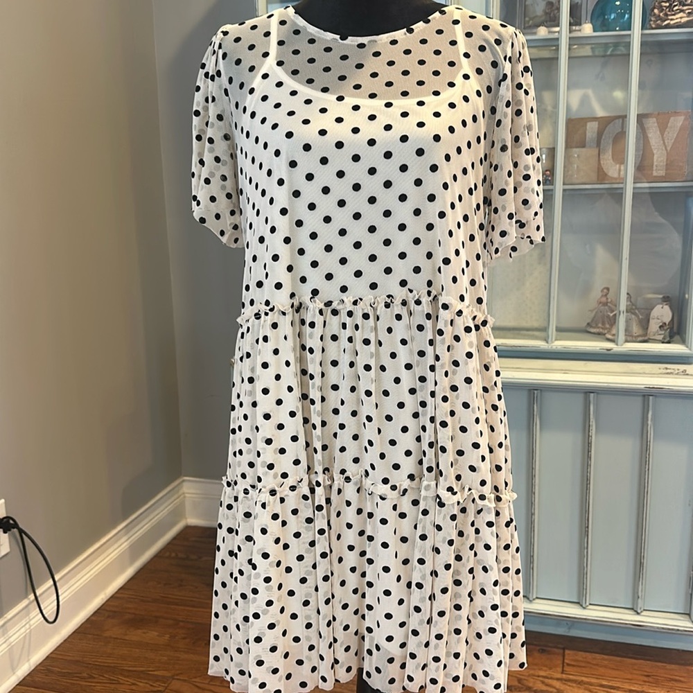 Altar’d State sheer cream short sleeve dress with black velvet polka dots. Sz. M